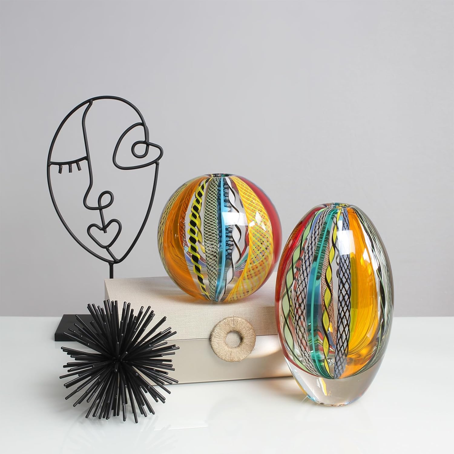 Ca D Oro Small Glass Vase Boho with Colored Canes Hand Blown Murano-Style Art Glass - Model Oval - Image 5