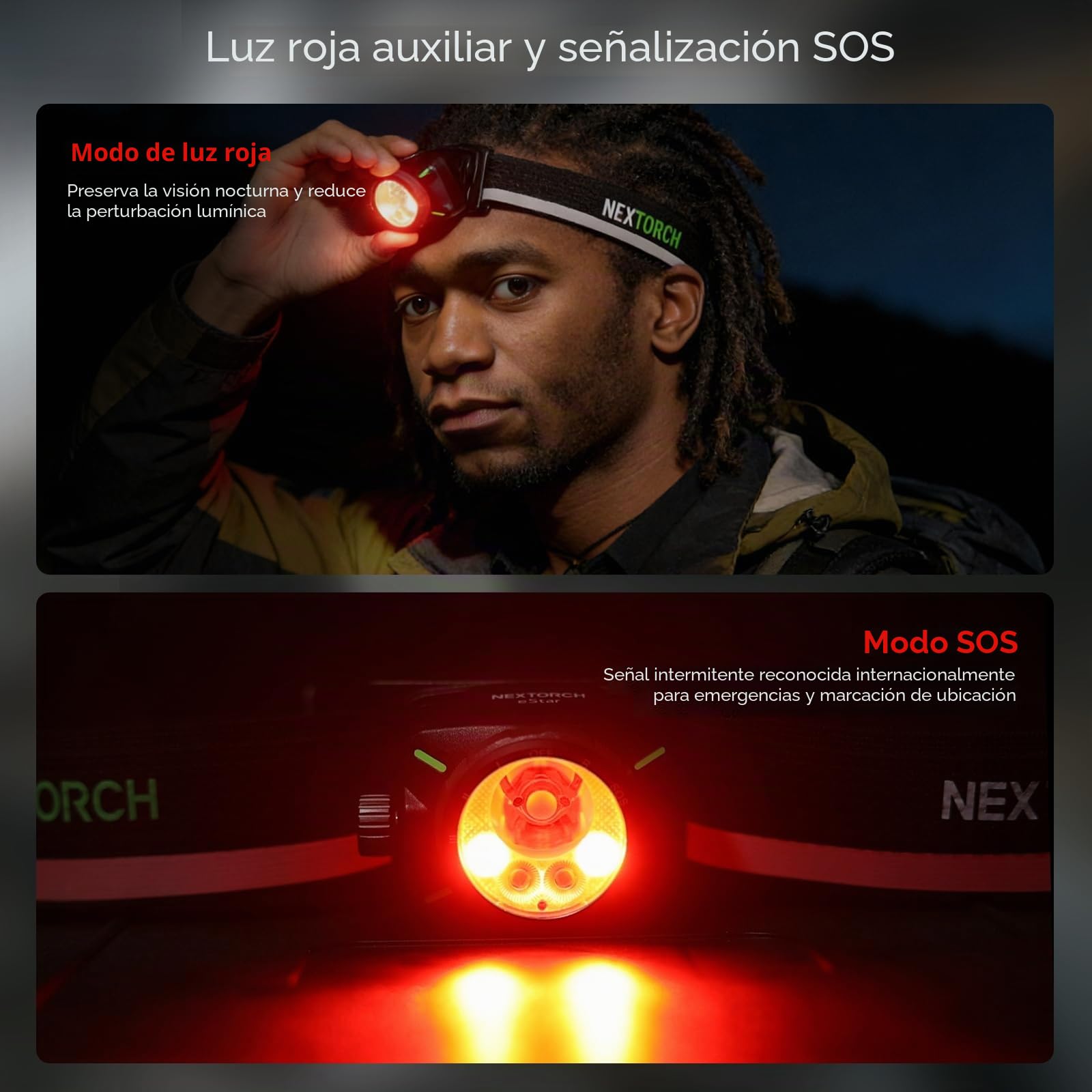 NEXTORCH Linterna frontal recargable Estar, linterna frontal potente de 1 200 lúmenes con luces rojas, haz ajustable (focalizado o amplio), linterna frontal ligera (Negro 1300lm)