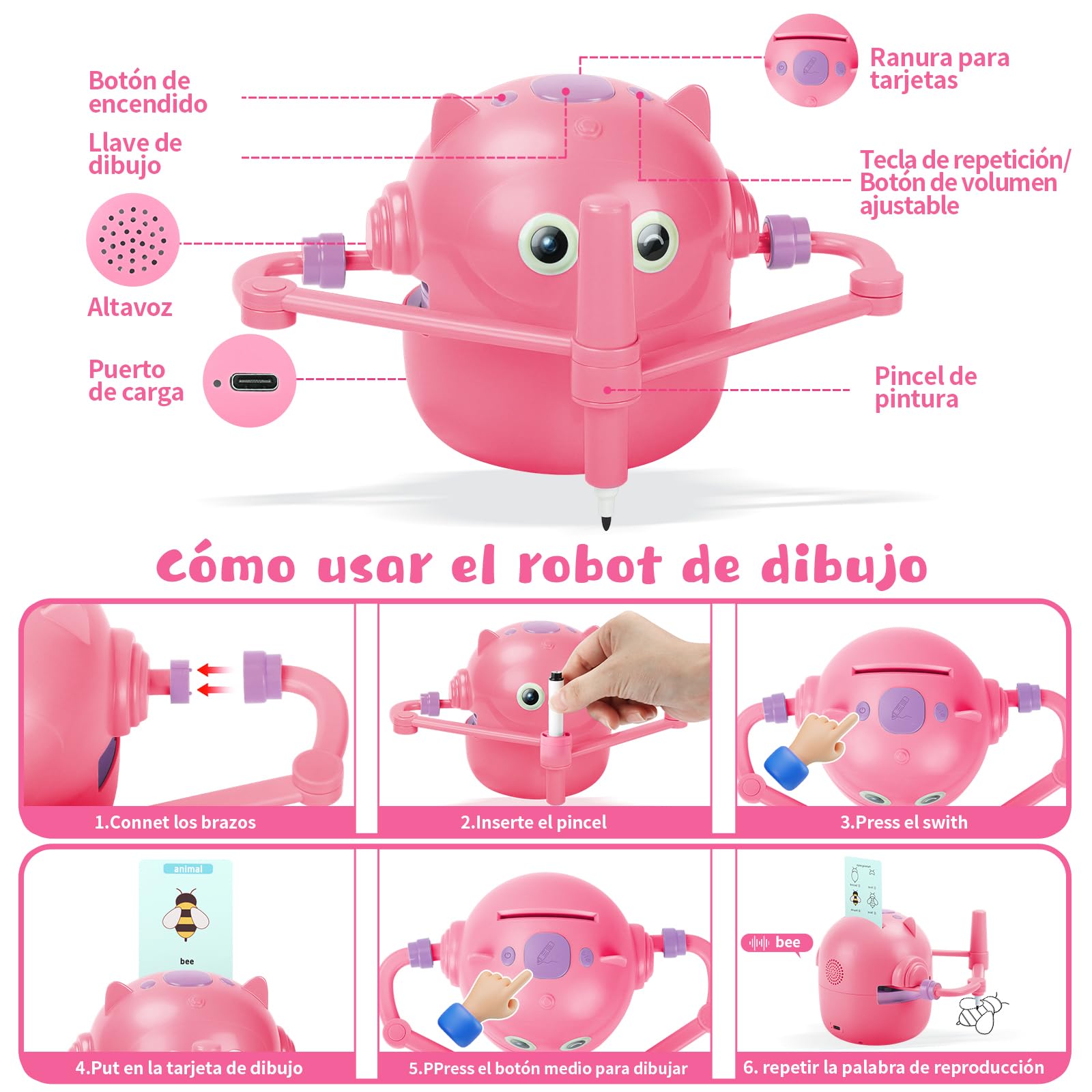 Charmofun Robot de Dibujo para Niños, Drawing Robot con 100 Tarjetas, Robots Inteligente Juguete Recargable, Juguete Educativo Interactivo con Voz para Niños y Niñas a Partir de 3 Años (Rosa)