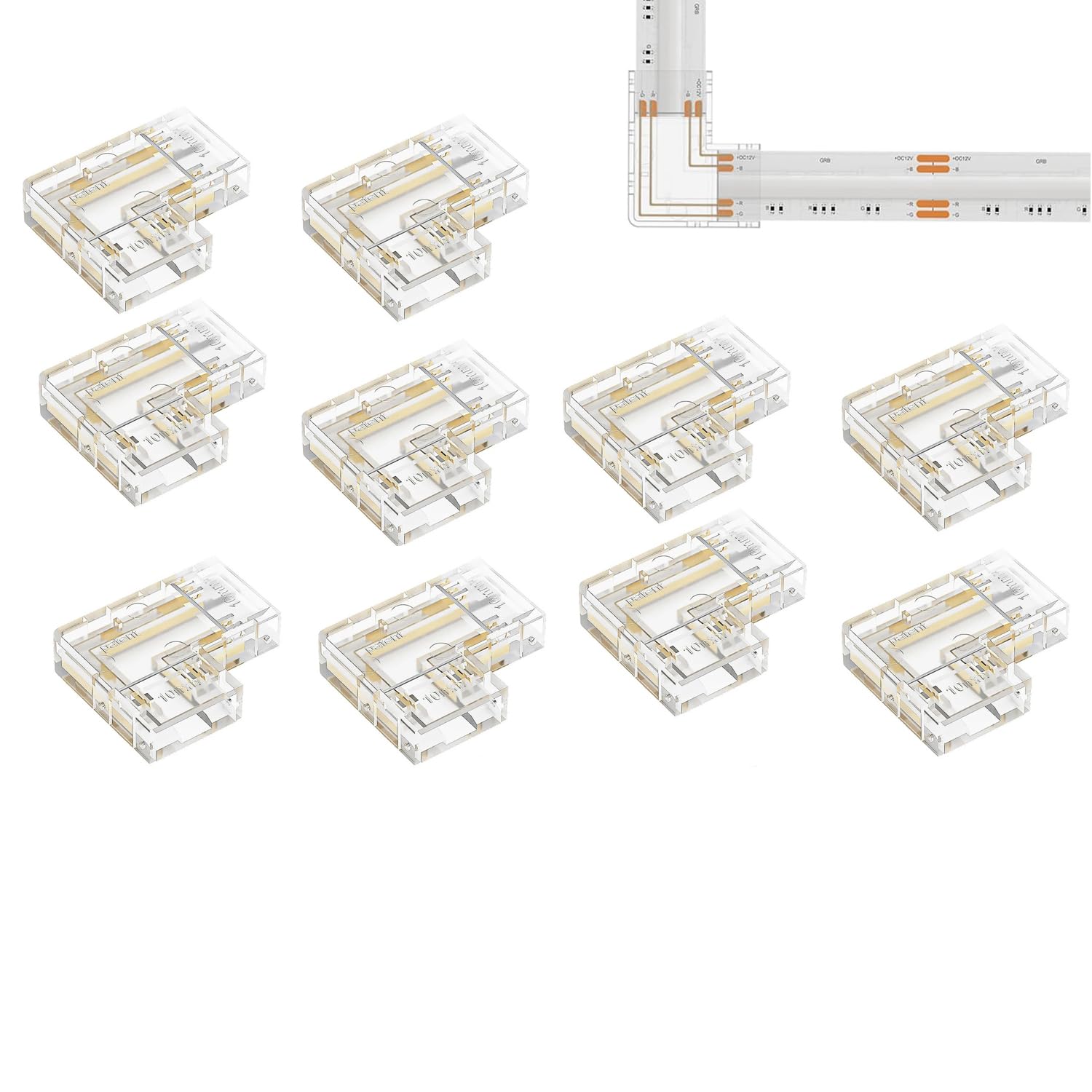 YUTOKEER 10 mm Solderless FCOB COB RGB LED Strip Light Connectors Kit - 4 Pin, Transparent, Gapless, Extendable with Dual Ends & Plug Extensions, Compatible Only with 10 mm COB Strips (L Shape)