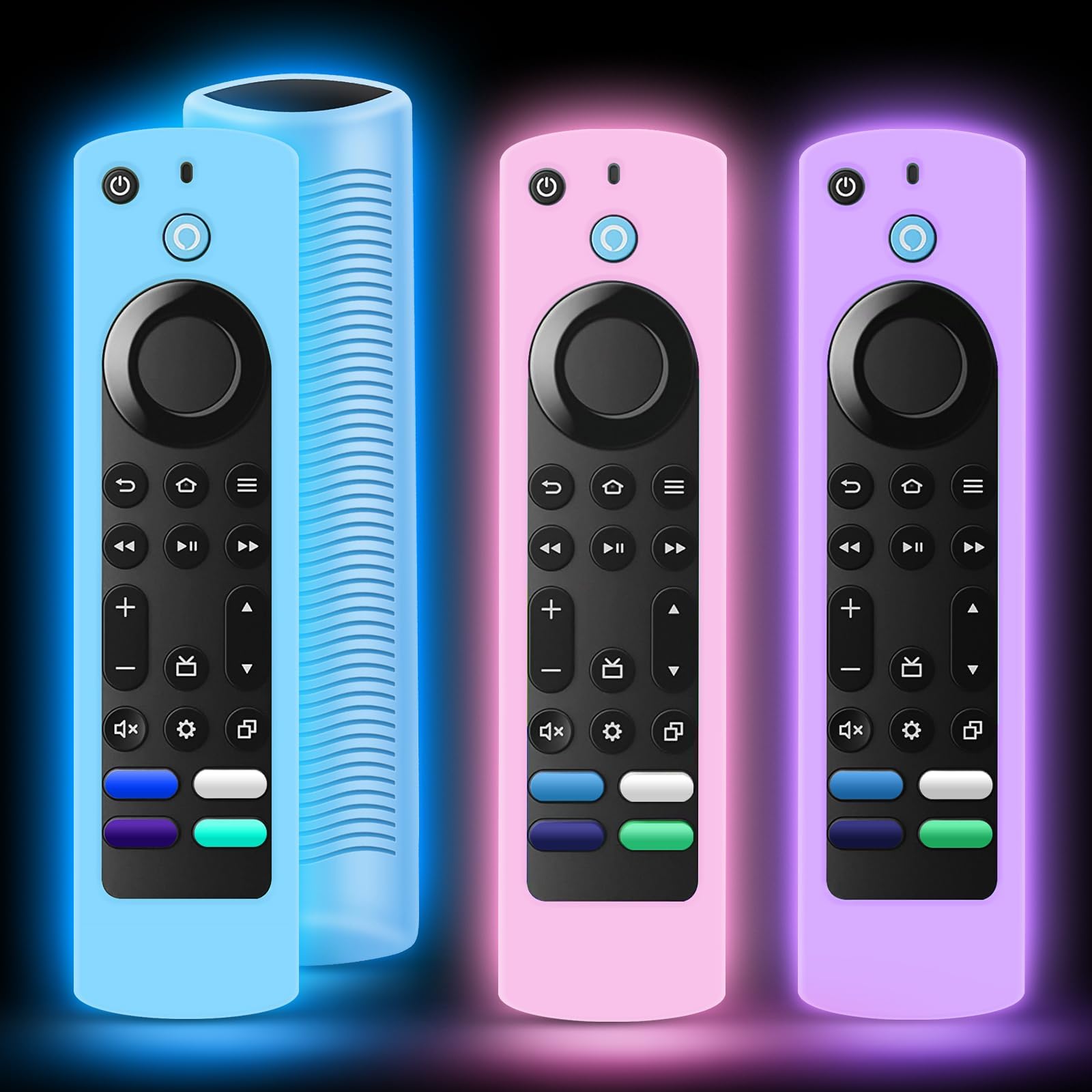 Paquete de 3 fundas de repuesto para control remoto Toshiba e Insignia Fire TV, funda de silicona para CTRC1US21 NS-RCFNA-21 que brilla en la oscuridad, azul, rosa y morado