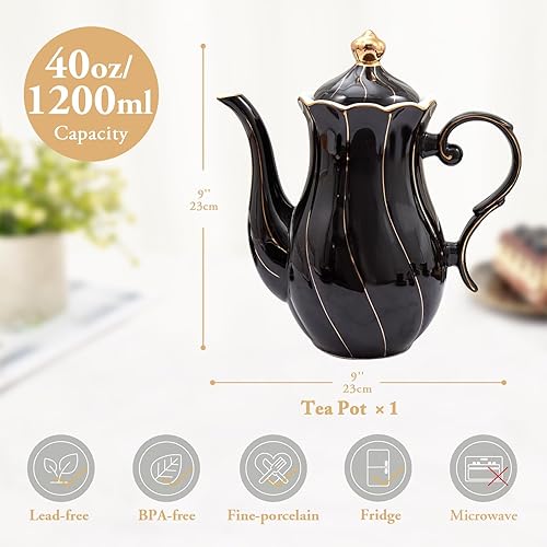 Miniatura 5 de DUJUST Tetera de porcelana de estilo británico (40 onzas), tetera de cerámica de lujo con borde dorado, tetera negra de grado alimenticio con filtro