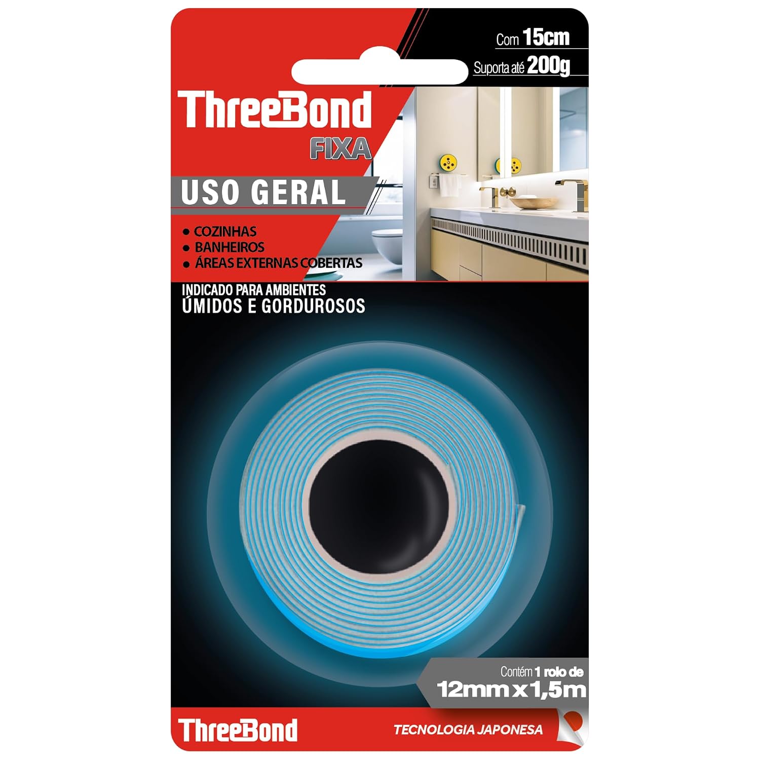 Fita Dupla Face Espuma ThreeBond 12mm x 1,5M | Resistente Umidade e Gordura | Cozinha e Banheiro | Suporta 200g em 15cm | Fixação Sem Furos
