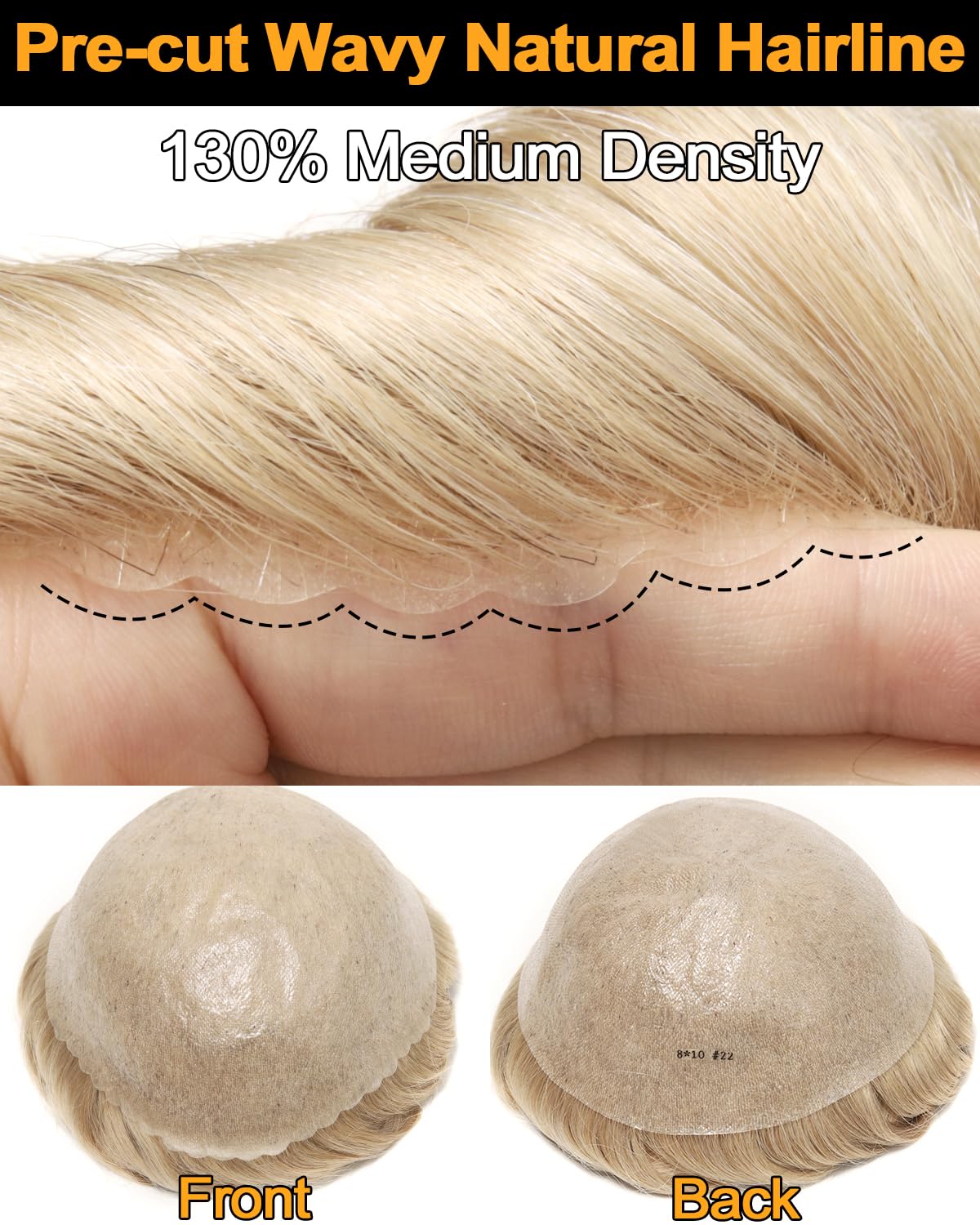 BEEOS 0.10mm Thin Skin Toupee for Men, #22 Blonde Real Human Hair Mens Hair System 130% Medium Density, 8x10 Inch Mens Hairpiece