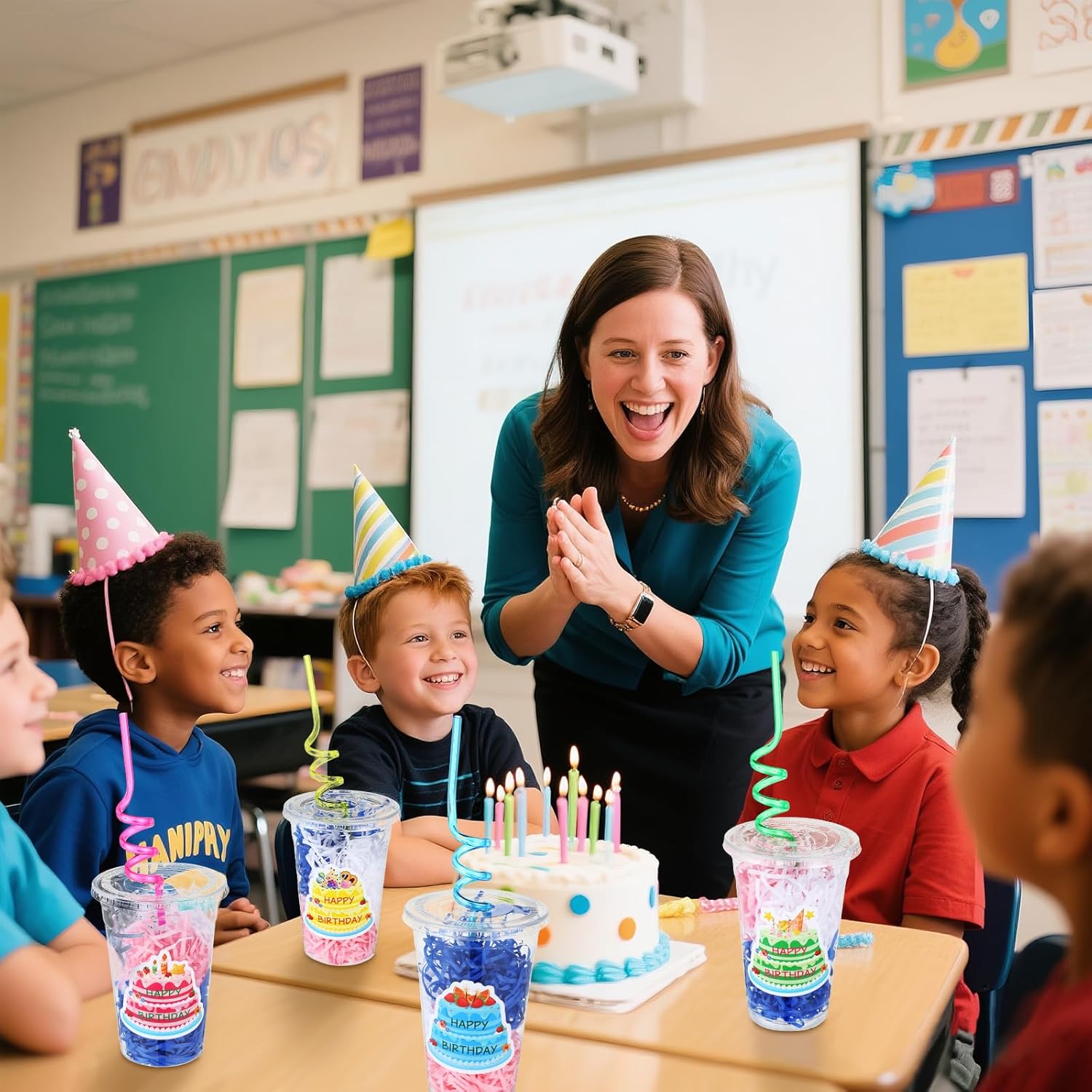 Qinyoung 24 Set Creative Happy Birthday Gifts from Teacher Students Birthday Cups with Lids Colorful Straws Stickers and Raffia Plastic Cups for Reward Kids Prize Classroom Party Supplies (Cute) - Image 6