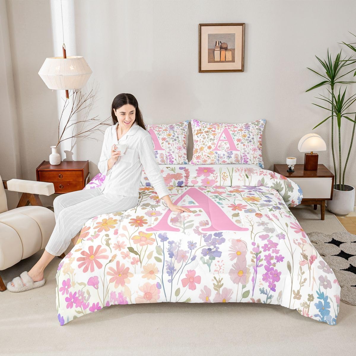 Erosebridal Girls Pink Initial Flower Full Bedding Set - Monogrammed A Boho Floral Comforter Set for Kids Women, Cottagecore Wildflower Quilt, Farmhouse Bedroom Decor with 2 Pillowcases