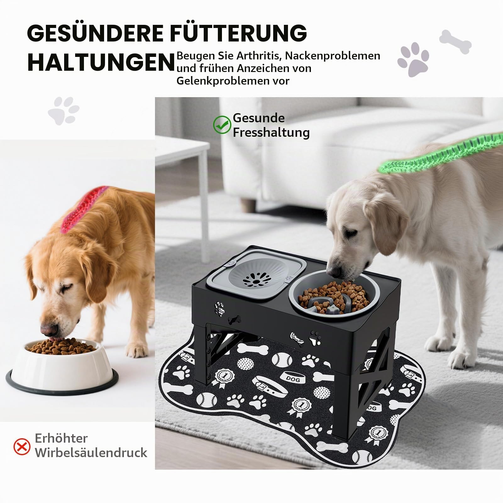 Erhöhter Hundenapf,5 Höhenverstellbar Futternapf für Kleine Mittlere Große Hunde,2-in-1 Auslaufsicher Faltbarer Wassernapf & Langsamfutternapf Doppel-Schüssel,Hundenapf Erhöht mit Gummimatte