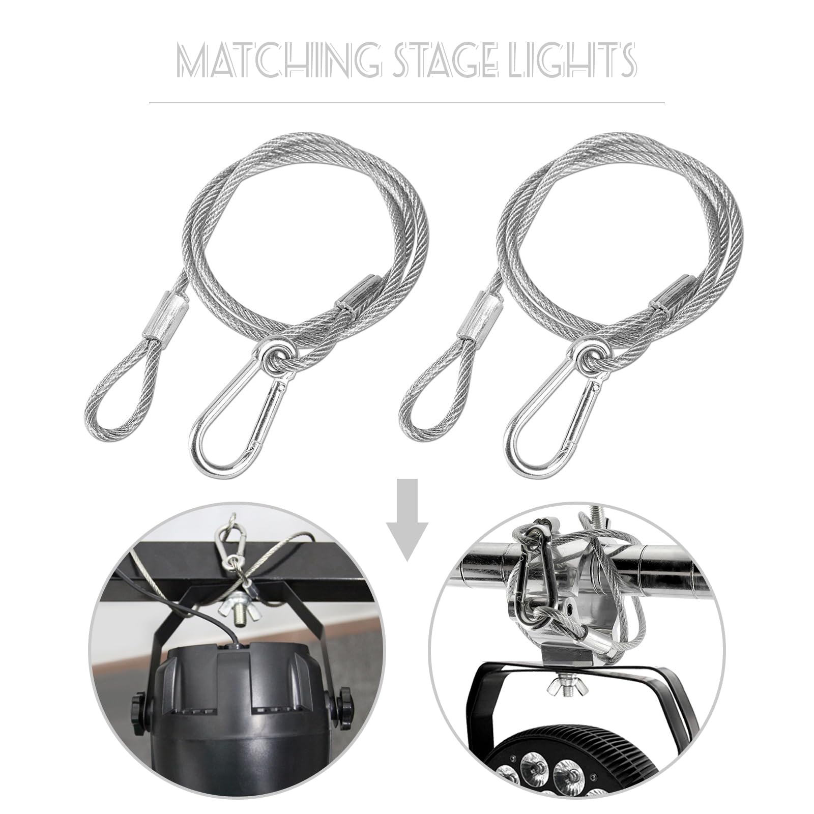 Câble de Sécurité en Acier,Forreen 8 Pièces 4mm*80cm Elingue Securite Acier Eclairage de Scene Anti-Chute Fil Corde de Sécurité avec Boucle pour Suspendus DJ Éclairage de Scène Lumière de Fête Lumière