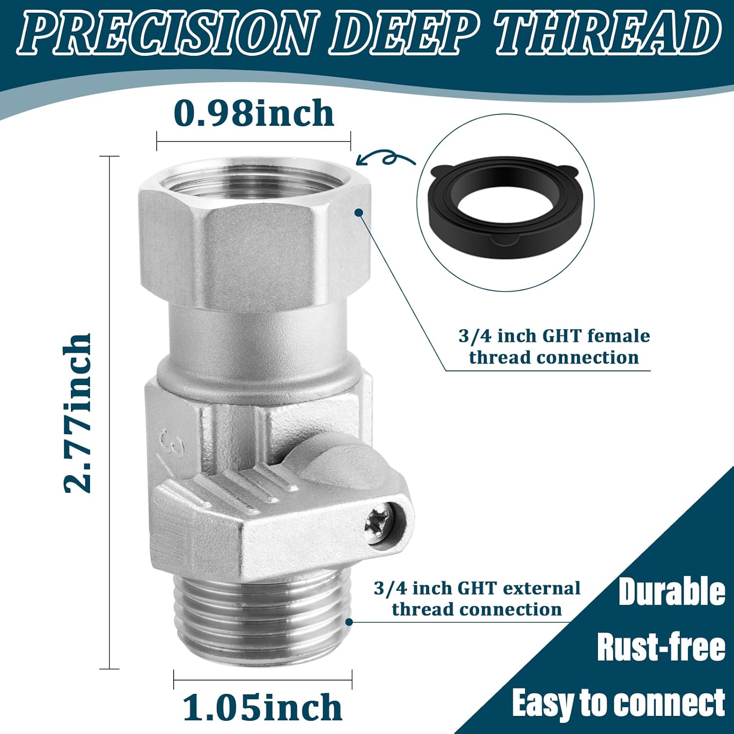 304 Stainless Steel Garden Hose Shut Off Valve, 3/4"GHT Thread Water Hose Shut Off Valve Heavy Duty Hose Connector, Full Flow Garden Hose Valve Shutoff with 360-Degree Rotatable Connector