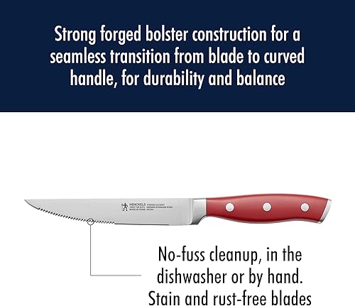 Miniatura 5 de HENCKELS Juego de 4 cuchillos para carne forjados con acento afilado, color rojo, cuchillo de ingeniería alemana informado por más de 100 años de