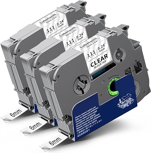 Labelwell Paquete de 3 cintas TZe-111 compatibles con etiquetas adhesivas transparentes de 0.236 in 0.23 pulgadas, TZe111 TZ-111, negro sobre