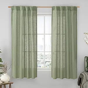 LAMIT Sheer Linen Curtains 63 Inches Long, Semi Sheer Light Filtering Panels Back Tab and Rod Pocket Small Window Drapes for Basement/Bedroom/Loft Room, Sage Green, 2 Panels, 34 x 63 Inch