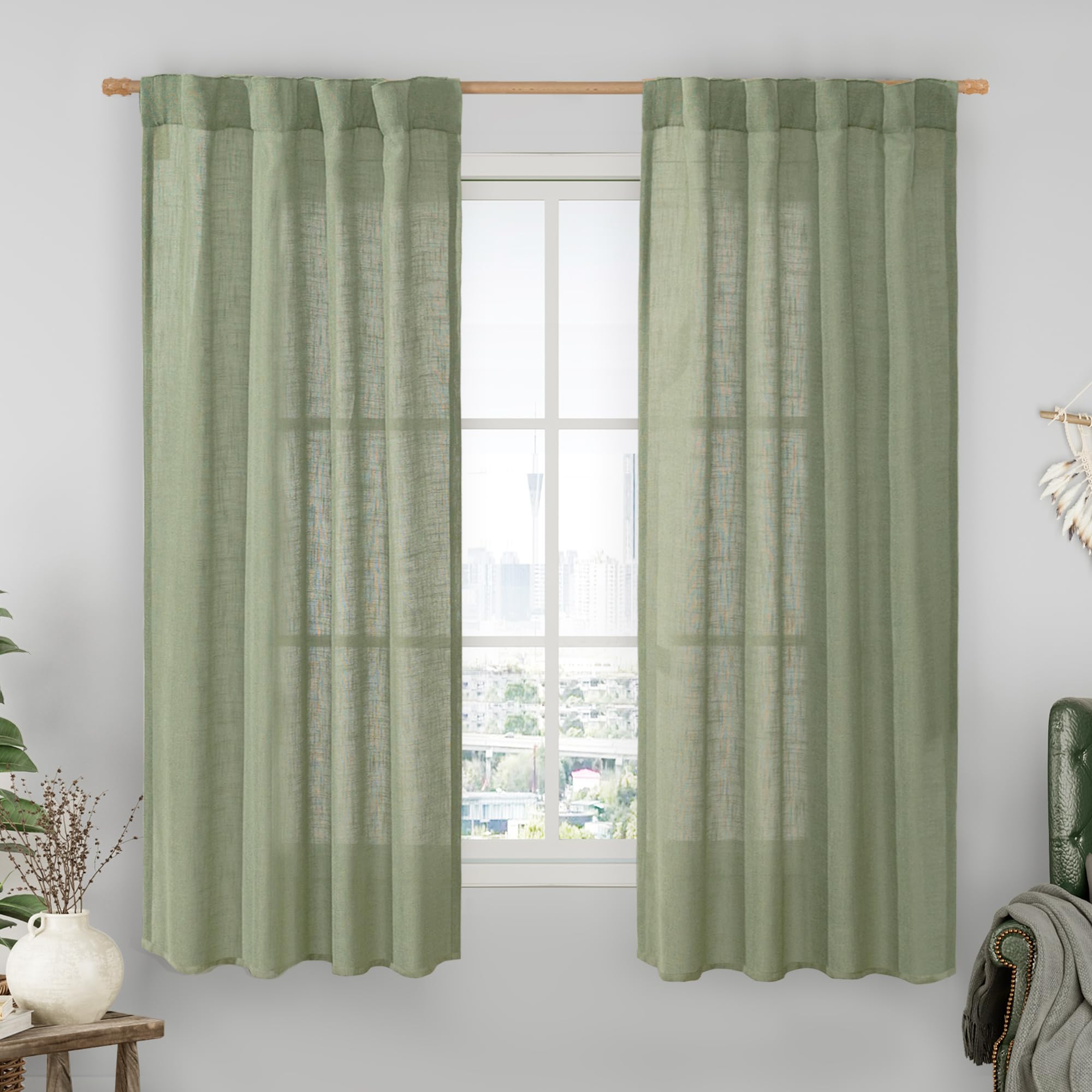 LAMIT Sheer Linen Curtains 63 Inches Long, Semi Sheer Light Filtering Panels Back Tab and Rod Pocket Small Window Drapes for Basement/Bedroom/Loft Room, Sage Green, 2 Panels, 34 x 63 Inch โ image 1