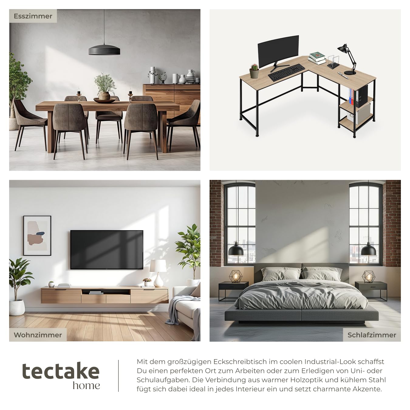 tectake® Schreibtisch L Form, Eckschreibtisch mit Monitoraufsatz, Industrial Schreibtisch, Gaming Tisch, Computertisch, für Home Office, Büro - 138x138x75,5cm - Industrial Holz hell, Eiche Sonoma