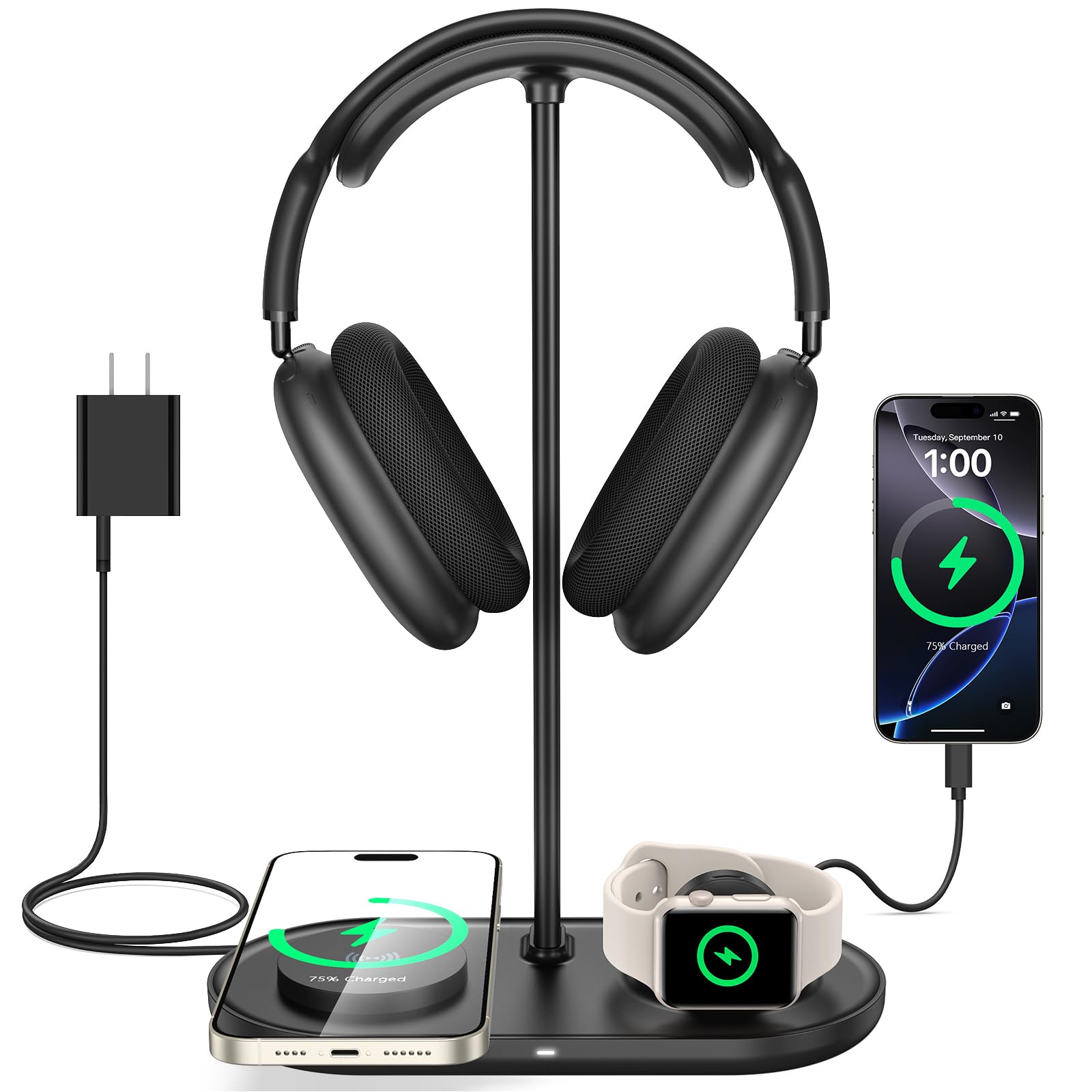 TopMade 5 in 1 Headphone Stand for Desk with Wireless Charger & USB Charging for iPhone/AirPods/iWatch, Universal Desktop Gaming Headset Holder for Airpods Max, Bose, Beats, Razer and More, Black-image-12