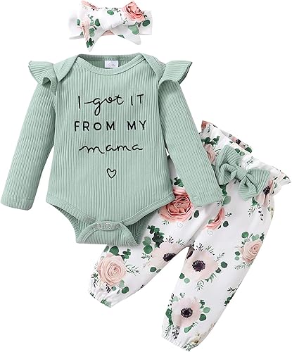 DISAUR Conjunto de ropa de bebé para niñas recién nacidas, traje de manga larga con volantes, pantalones florales y diadema de 0 a 18 meses