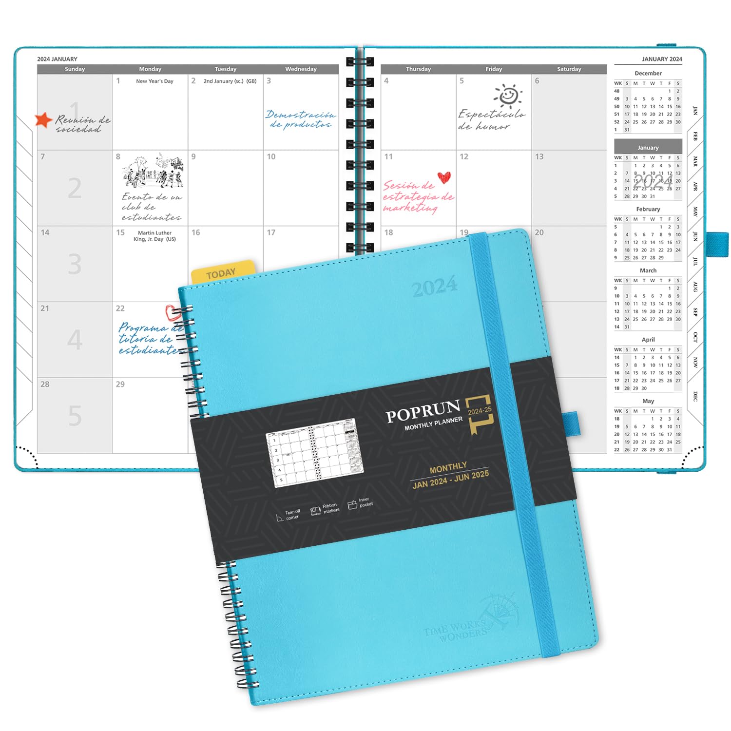 POPRUN Agenda 2024 2025 Mensual 26,5 x 21,5 cm, Agenda 2024 2025 Espiral 18 Meses de Ene.2024 - Jun.2025, Tapa Blanda, Cuero Vegano y Papel FSC®, Azul Verde (Versión Inglesa)