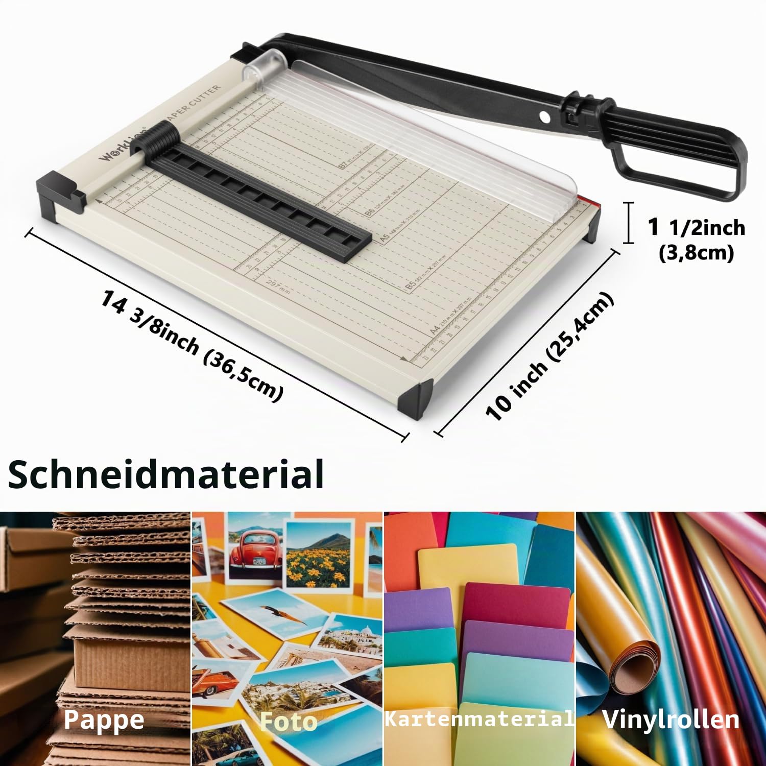 WORKLION Hebelschneider A4 – robuster Papierschneider mit Sicherheitsschutz, 15 Blatt Kapazität, Präzisions-Schneidemaschine zum Schneiden von Papier, Karten, Fotos, Vinyl und mehr mit