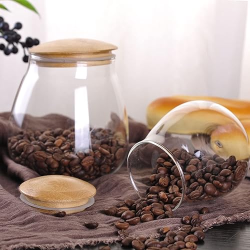 Miniatura 5 de WHJY Recipiente de almacenamiento de vidrio transparente de 13 onzas con tapa hermética de bambú, pequeño y moderno tarro decorativo redondo para