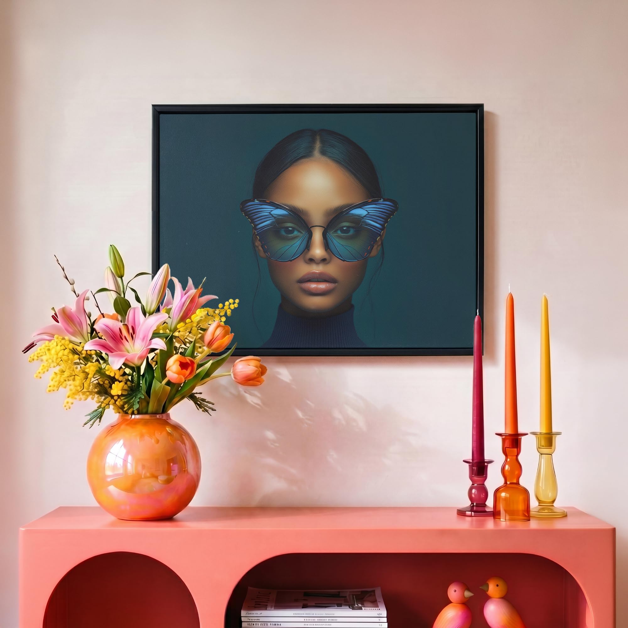 OnlyWow© Cuadros Decoracion Salon Modernos 40x30 cm Lienzo Con Marco Para Dormitorios Cuadro Decorativos De Lienzos Decorativo Pared Mujer - Mariposa - Gafas - Azul - Moderno - Retrato
