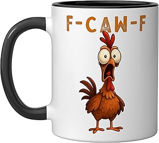 F-Caw-F Funny Chicken FCAWF Humour Quote Baby Rooster Meme Ceramic Mug, Black/White