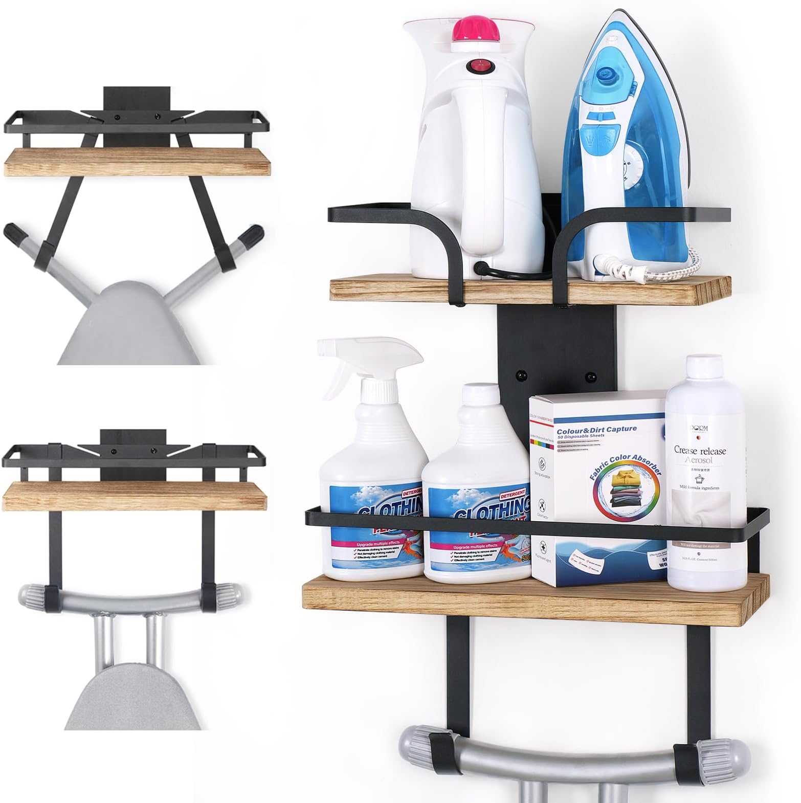 VINAEMO Ironing Board Hanger Wall Mount, 2-Layer Iron and Ironing Board Holder for T&Y Shaped Legs, Extra Large Storage Laundry Room Shelves Solid Wood, Home & Laundry Room Organization and Storage