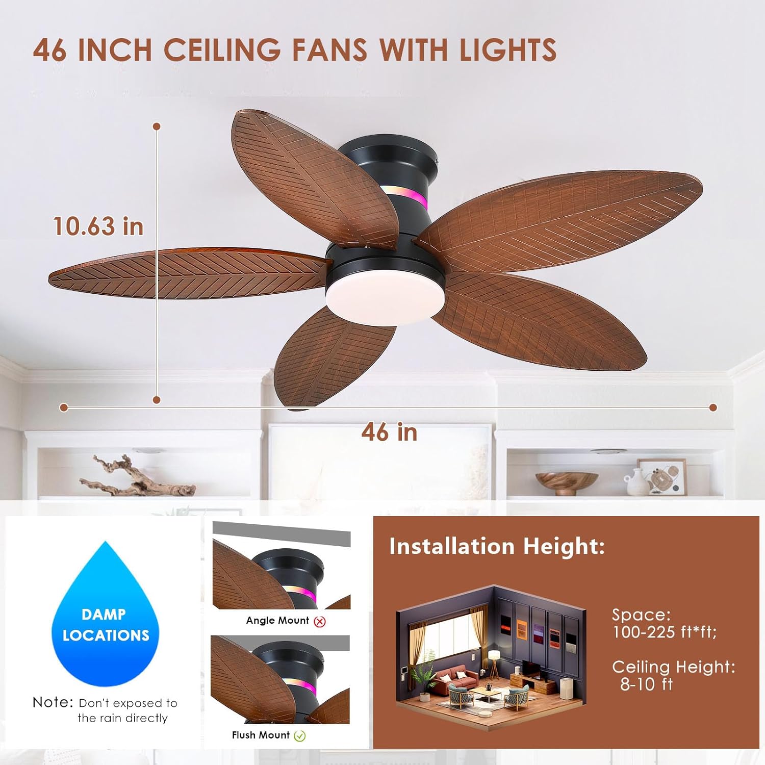 Tropical Palm Leaf RGB Ceiling Fans with Lights 46”, Brown Flush Mount Ceiling Fan with Light and Remote, 3CCT Dimmable LED&&Side RGB Light, Reversible 6 Speeds, Quite Low Profile Ceiling Fan Party
