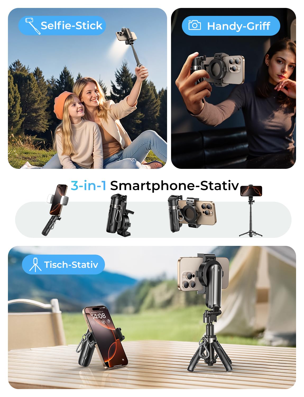 MAGIC JOHN für 36cm Selfie Stick, Selfiestick Klein mit Fülllicht [Nicht magnetisch kompatibel], Bluetooth Handy Stativ mit Abnehmbarer Fernbedienung Kompatibel für iPhone, Samsung und Smartphones