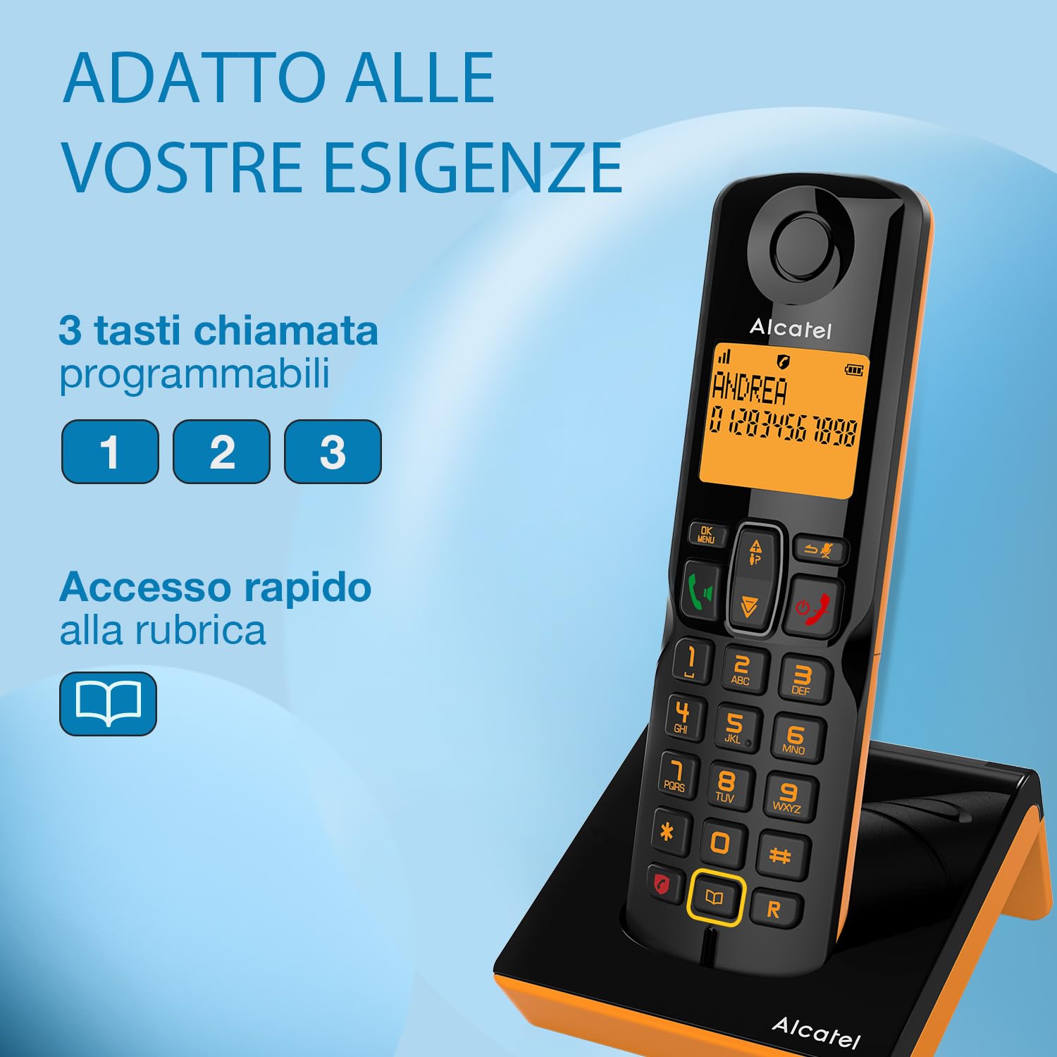 ALCATEL S280 - Telefono Fisso Cordless DECT - Design Compatto - Grande Display Retroilluminato - Vivavoce - Funzione Blocco Chiamate - Rubrica da 50 Contatti - Nero/Arancione