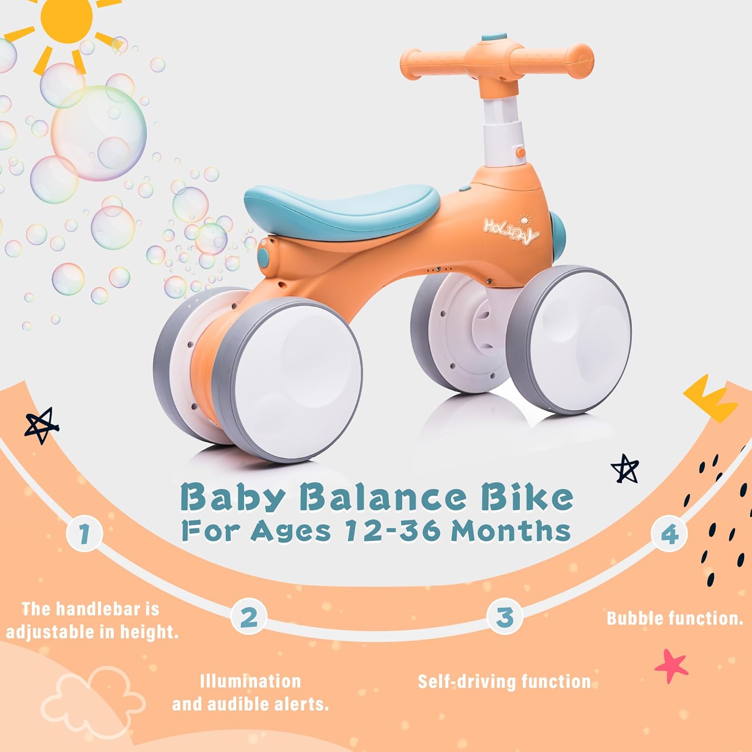 Baby Toddler Balance Bike with Bubble Machine for 1 Year Old Children,4 Wheels Kids Balance Bike w/Bubble Maker,Kids Ride on Toys,Headlight for Ages 12-36 Months Boys Girls (Orange&Green)