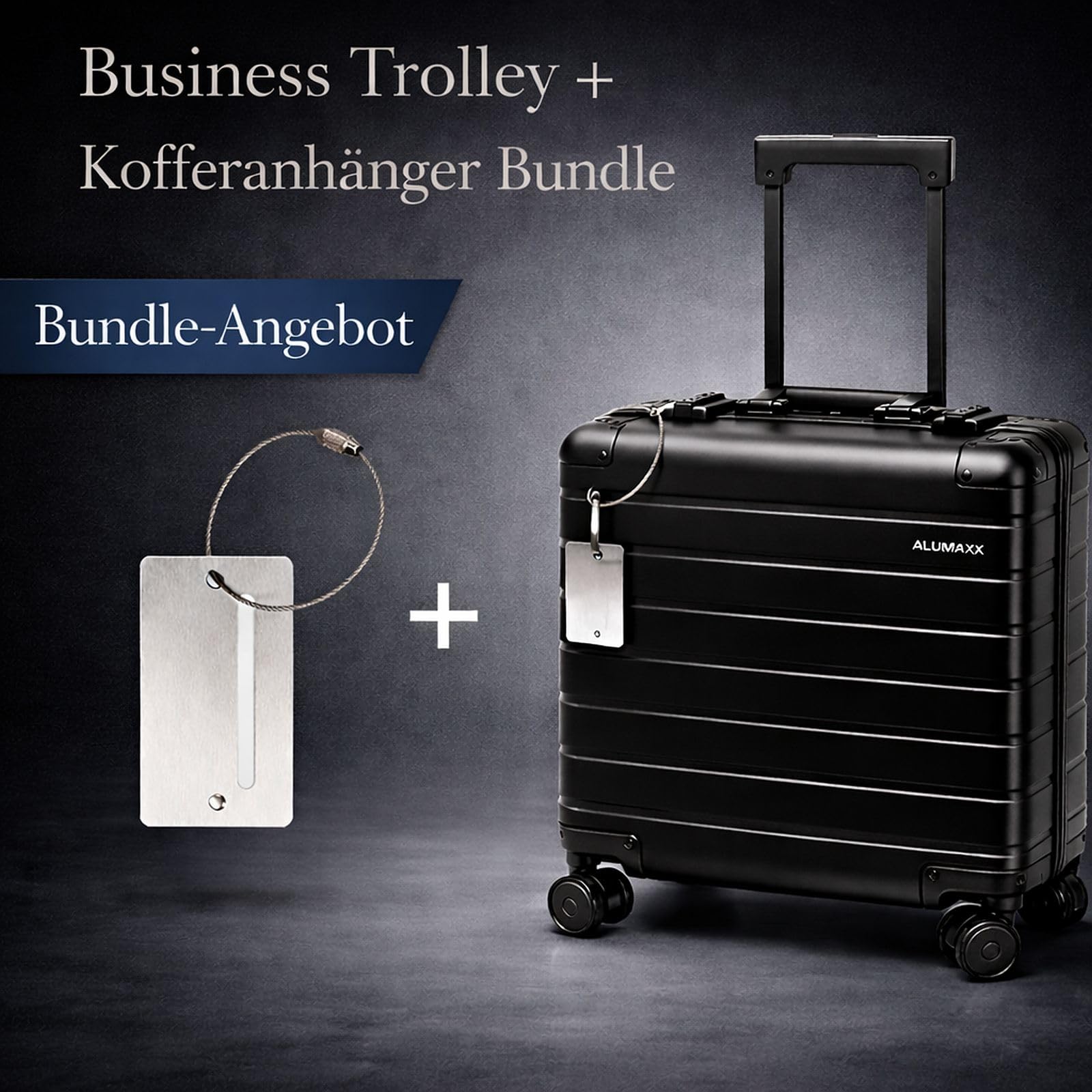 ALUMAXX 45293 Businesstrolley Gravity, Reisekoffer mit Overnight Fach, Fächermappe, TSA Schloss, Aluminium Trolley mit 4 Rollen, Koffer 44 x 42 x 22,5 cm, schwarz + ALASSIO Aluminium Kofferanhänger