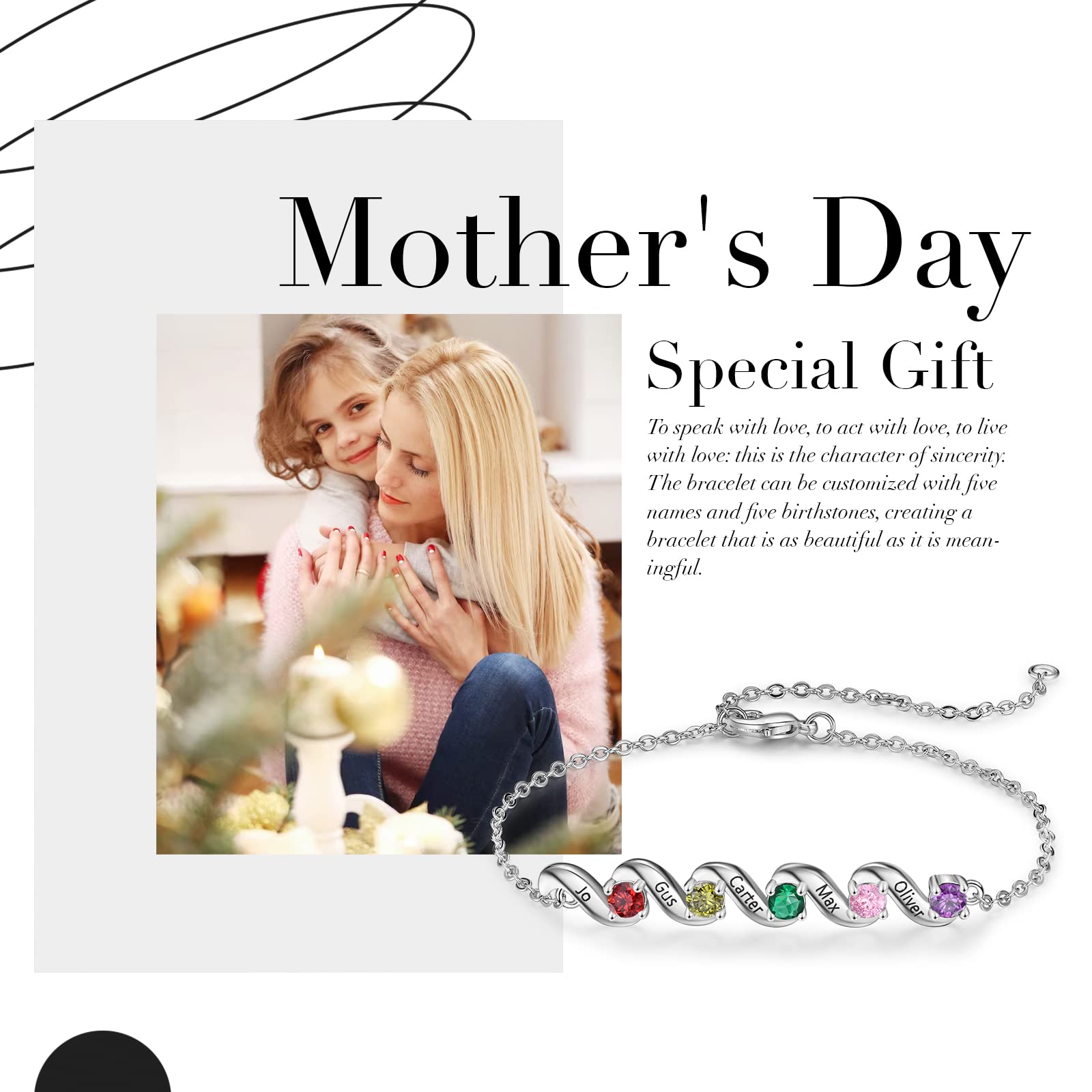 kaululu Bracciale Donna Personalizzato Ciondolo Infinito Coppia Cuore Foto Bracciale Catena Regolabile Simulato Birthstone Inciso Nome Bracciali per Madre Figlia BFF Regali commemorativi (Oro Rosa 2)