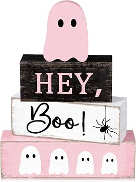 Cinnvoice 4 Pcs Halloween Table Decorations Pink Ghost Wooden Sign Block