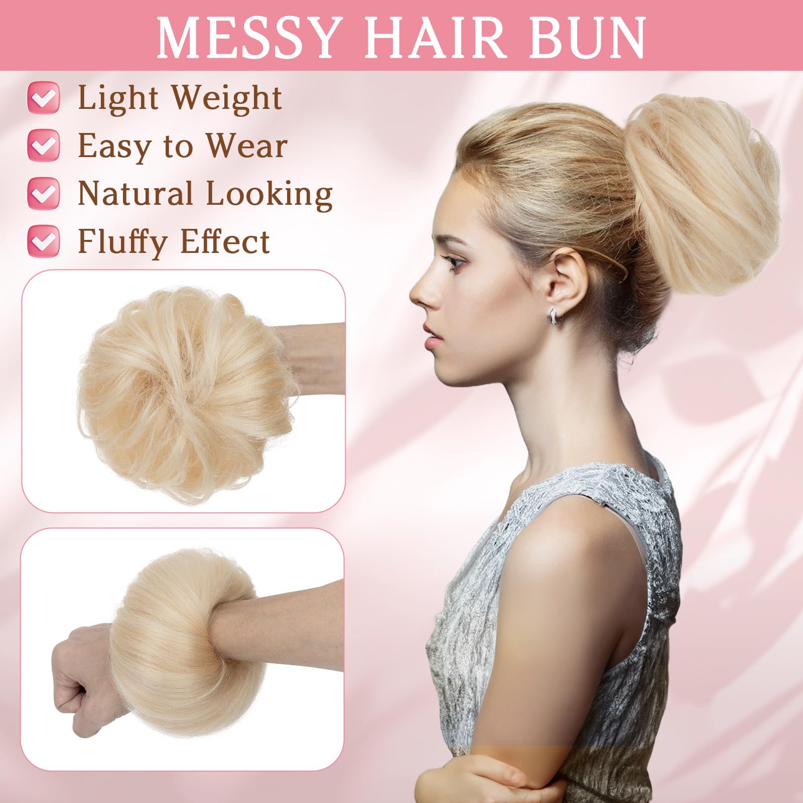 Benehair Messy Bun Scrunchie Real Hair Human #60 Platinum Blonde Straight Hair Bun Scrunchy Piece Ponytail Extension Elastic Band Scrunchies Donut 25g - Image 2