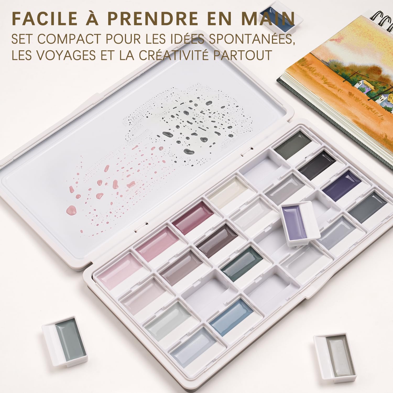 Peinture Aquarelle Opaque - Set de 24 Aquarelles Semi-humides avec Palette de Mélange | Faible Saturation, Couleurs Mates et Haut Pouvoir Couvrant | idéal pour Artistes et Amateurs