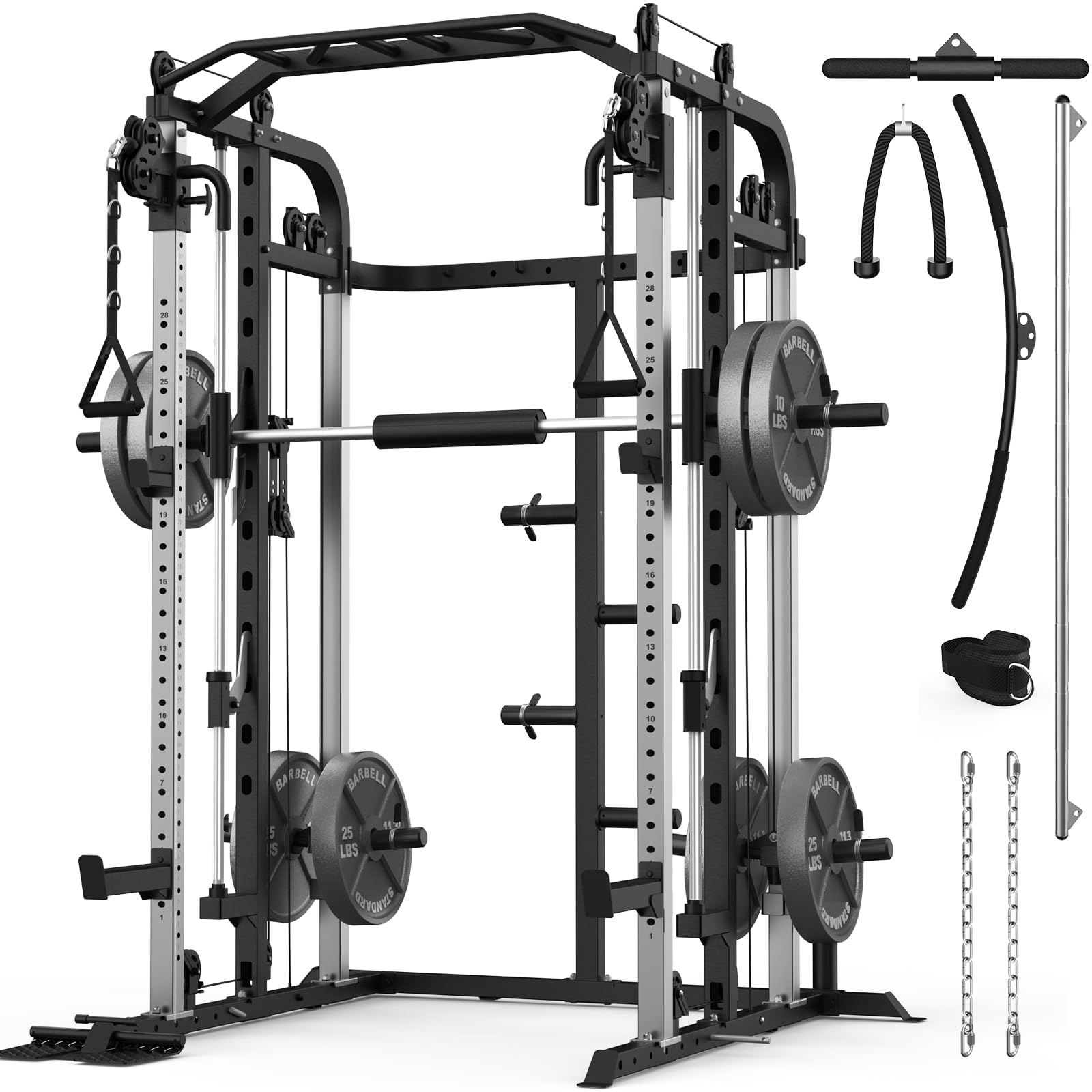 Royal Fitness Smith Machine with 140 Lbs Cast Iron Weight Plates Home Gym, Squat Rack with LAT Pull Down System, Power Cage with Smith Bar, Black