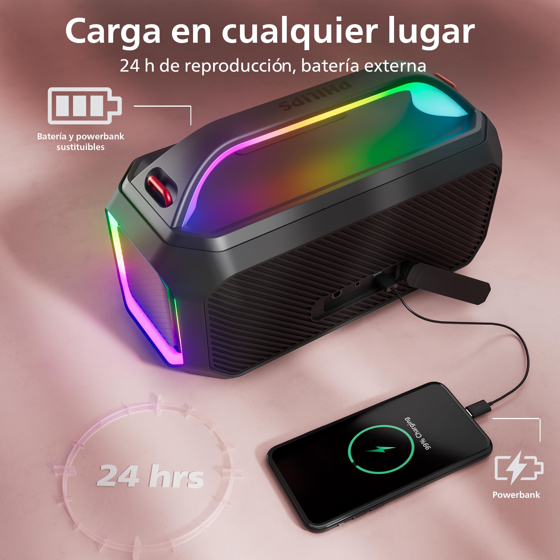 Philips TAS7000EB Altavoz Inalámbrico Bluetooth con Salida Máx.100 W, Bass+, Luces LED, Auracast, IP67, 24 H Reproducción, Batería Externa, Entrada Micro, Batería Intercambiable – Negro