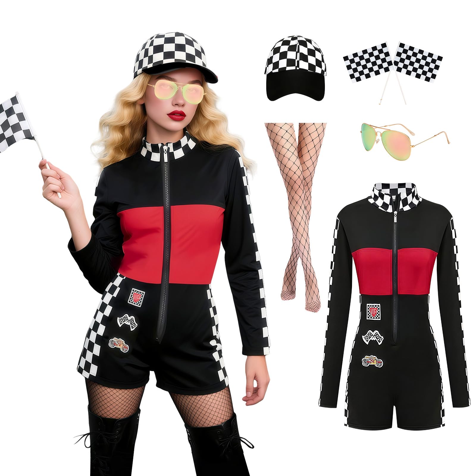 nezababy Costume de pilote de voiture de course 6 pièces pour femme - Body de pilote de course - Tenue sexy d'Halloween pour adulte
