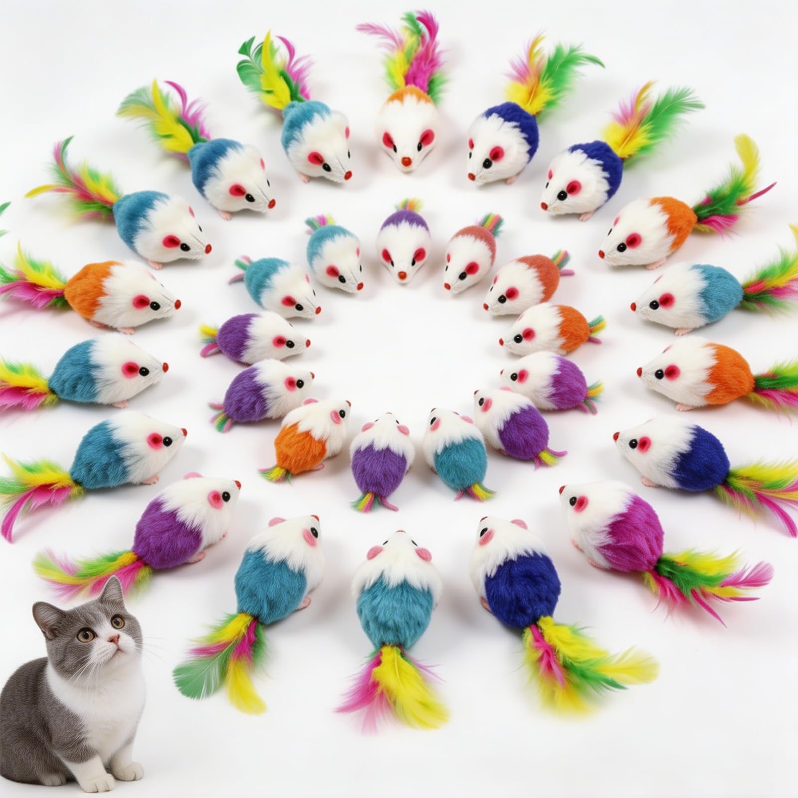 WQorphix 30 Pcs Cat Mouse Toy, Cat Toy Mouse, Colorful Realistic Mouse Cat Toy, Rustling Interactive Mouse Toy for Cats, Bite Resistant Cat Mice Toys with Feather Tail for Indoor Kitten Play