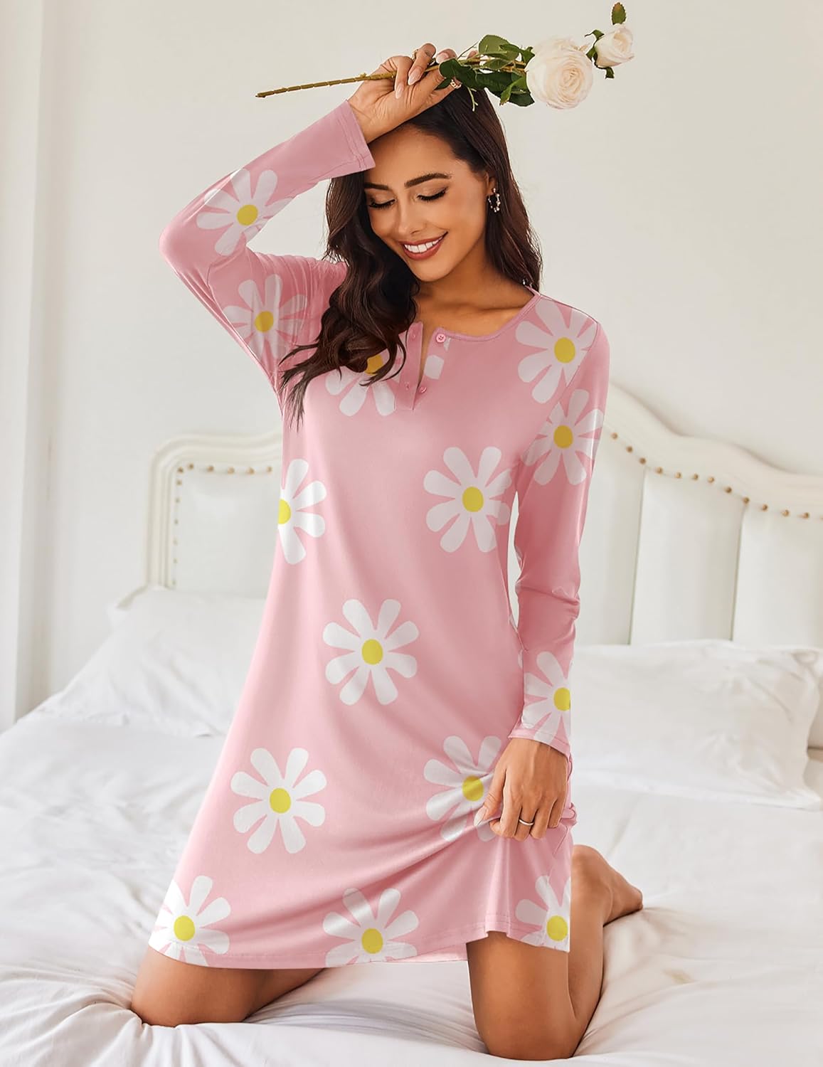 Ekouaer Women's 2 Pack Sleepshirt Dress Comfortable Nightshirt Nightgown Long Sleeve Button Down Sleepwear - Image 5