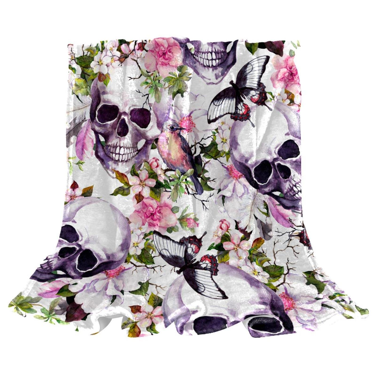 Couverture polaire tête de mort et fleurs en peluche douce pour canapé