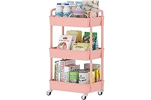 Sywhitta 3-Tier Rolling Pink Cart for Multipurpose Storage