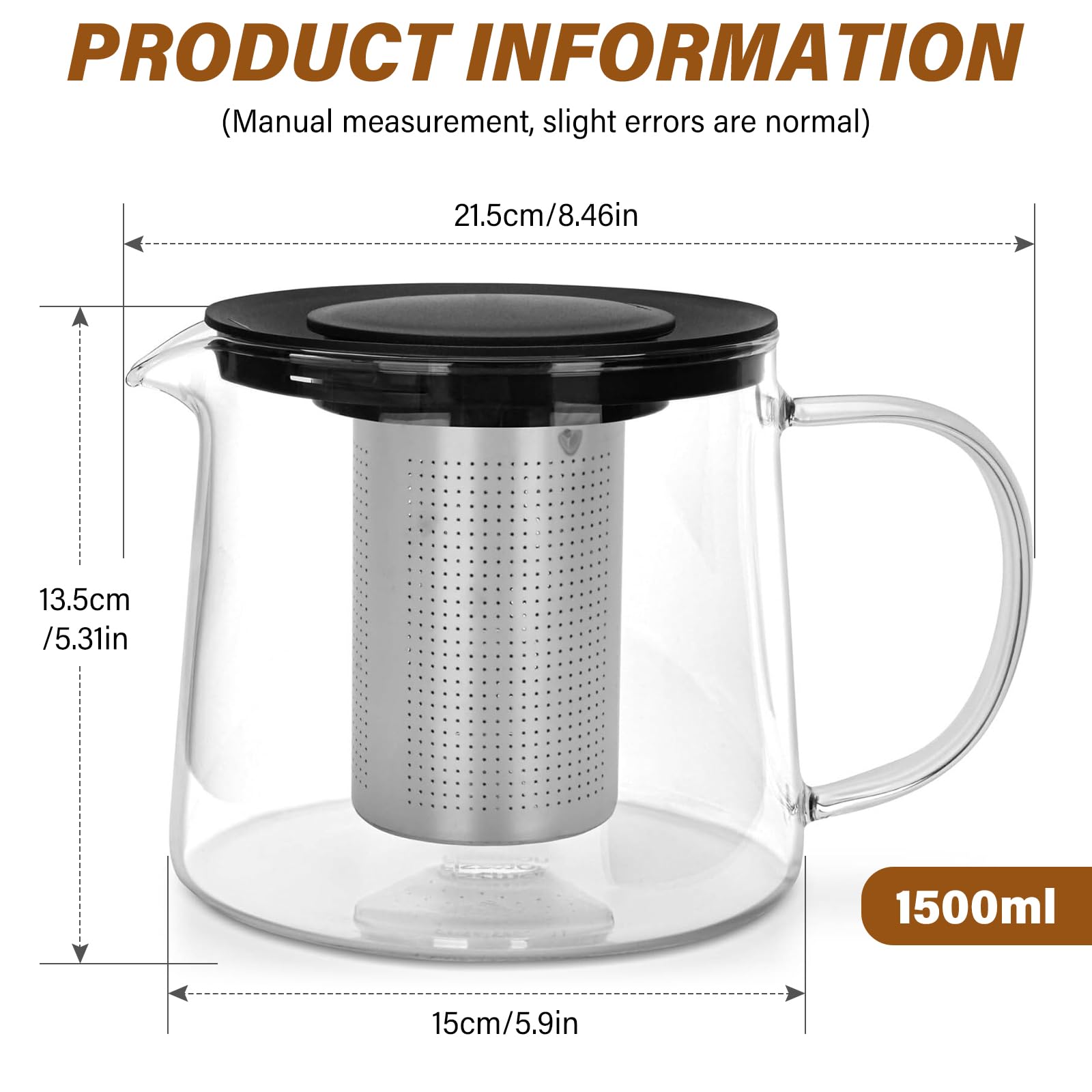Teiera in vetro borosilicato resistente al calore, 1,5 l, teiera in vetro con colino da tè e coperchio, in vetro borosilicato per tè sfuso, tè alla frutta e tisane