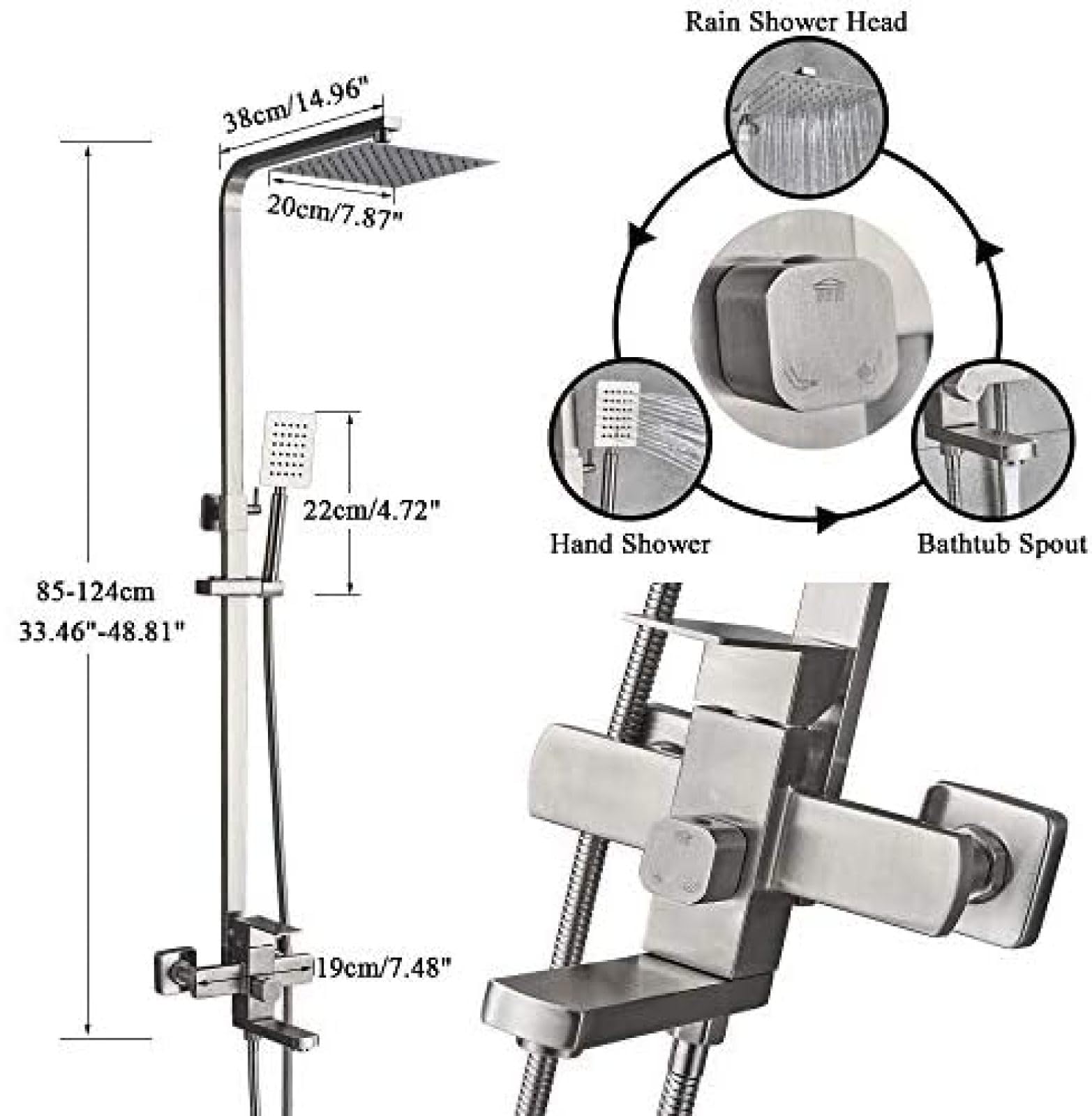 Grifo de Ducha de Acero Inoxidable 304, Cabezal de Ducha Tipo Lluvia montado en la Pared con Ducha de Mano, Juego de Mezclador de Ducha con caño para bañera, Oro Cepillado, níquel