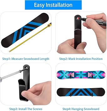 4 Pack Snowboard Wall Mount Clips - Horizontal Skateboard Wall Mount with Screws - Indoor Snowboard Storage for Room and Garage - Black