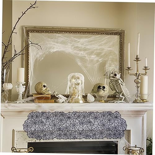 Miniatura 5 de Hemoton Juego de 3 piezas de bandera, patrón de telaraña, suministros de tela de araña, cenefa de terror, pantalla de puerta de Halloween, mantel de