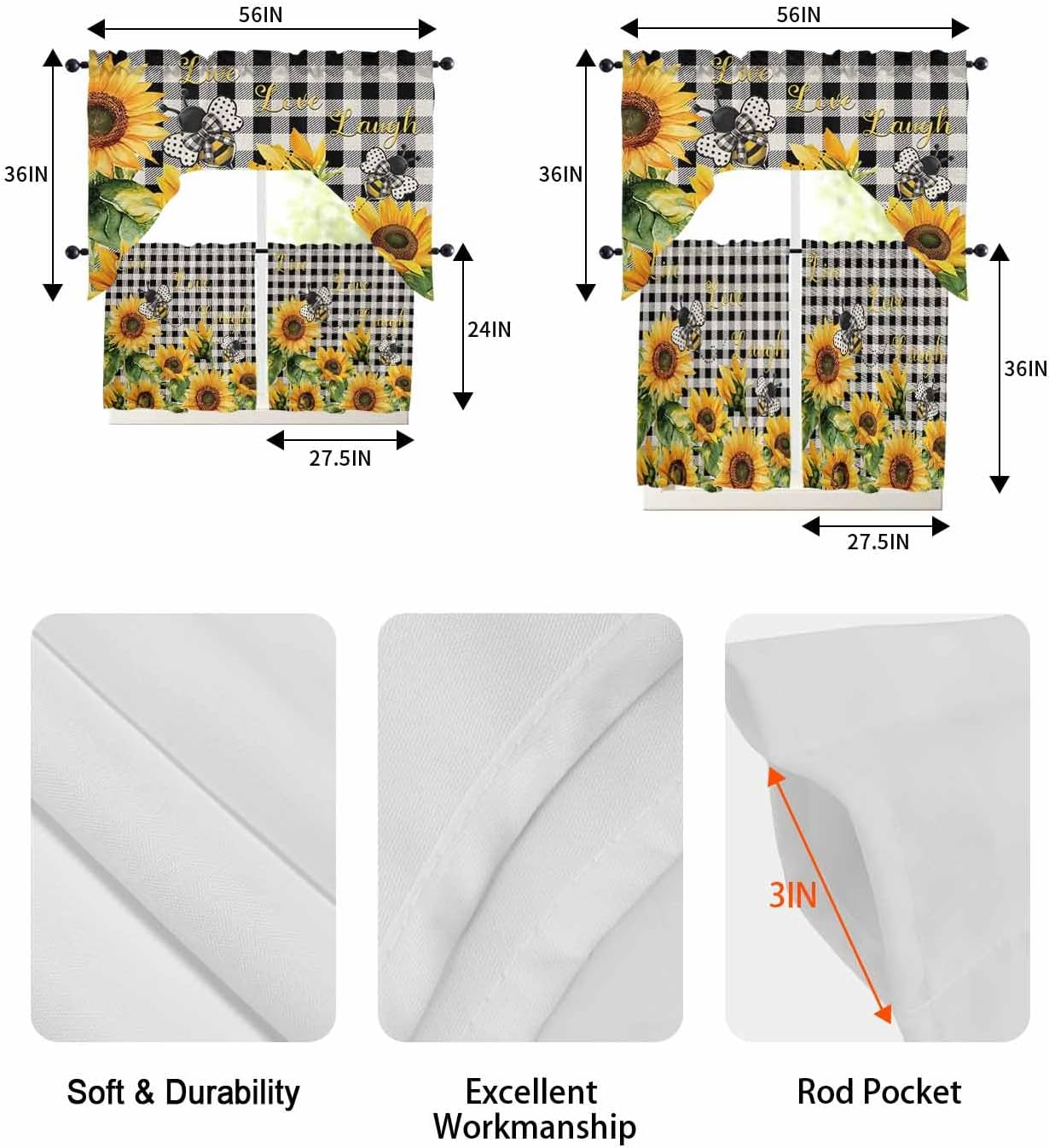 Savannan Kitchen Curtains Tiers and Swag Valances Set, Sunflower Summer Black Checkered Rod Pocket Short Window Curtains for Bedroom Bathroom Cafe, 3 Pieces 24 Inch Long Bee Vintage
