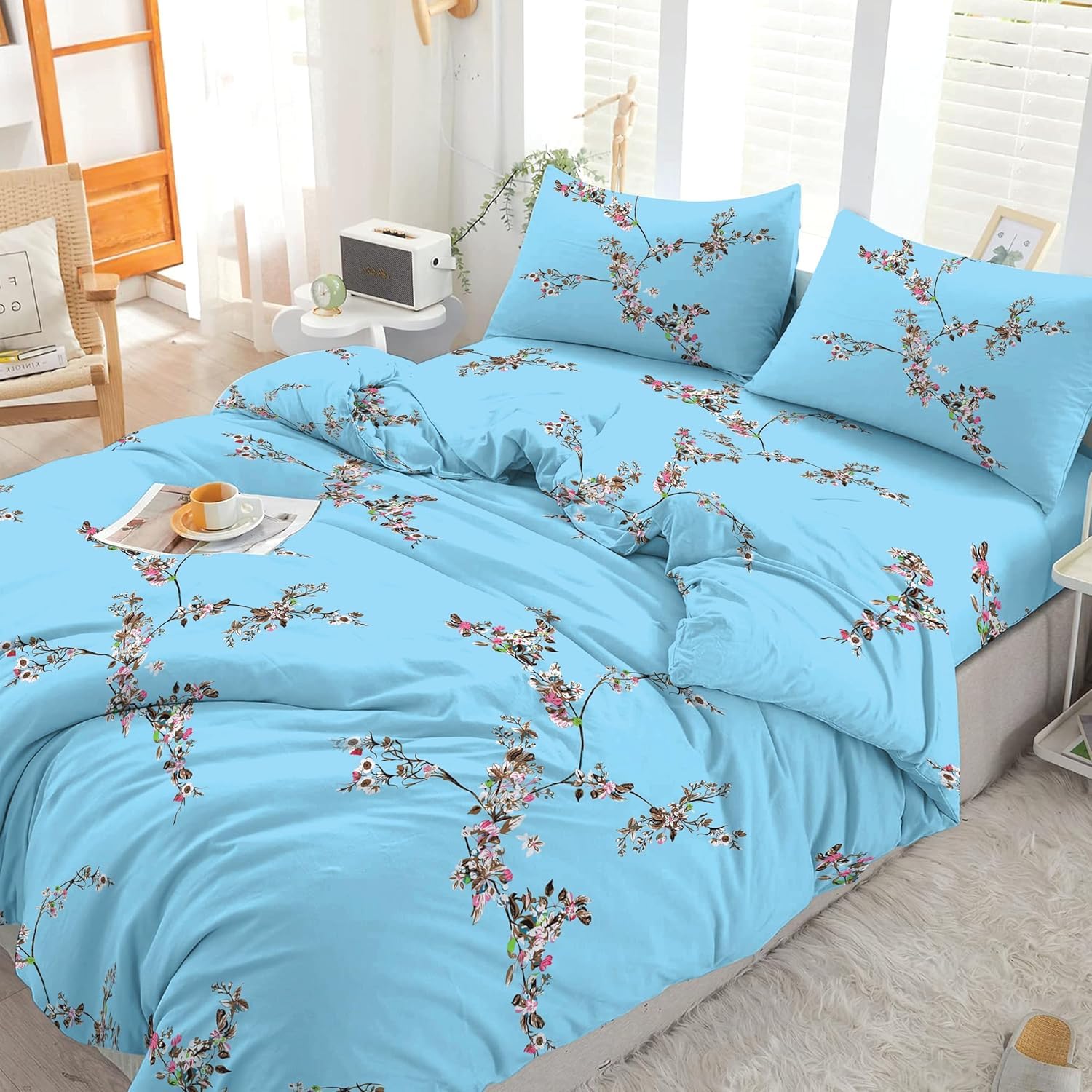 Reliancebedding 4-Piece Super King Size Duvet Cover Set – 100% Egyptian Cotton, 400 Thread Count Floral Print, Soft Luxury Duvet Cover with Fitted Sheet & Pillowcase — image 1