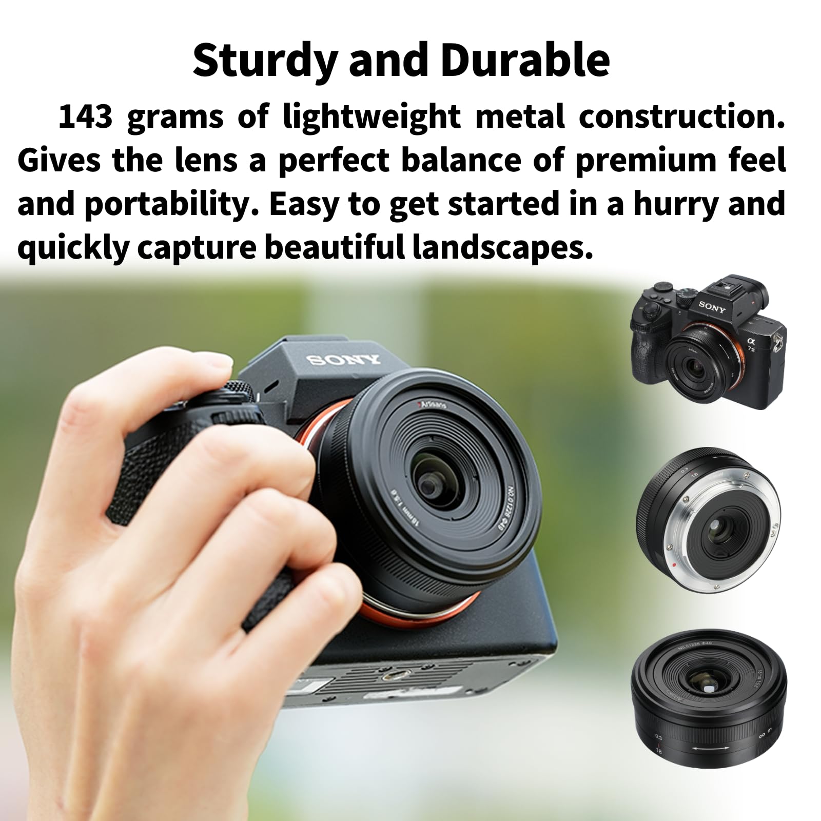7Artisans Obiettivo F5.6 E da 18 mm, ultra fine, full frame, messa a fuoco manuale, ampia apertura, obiettivo a distanza focale fissa, compatibile con filtri da 49 mm, Sony A7III, A9, NEX 3, 7, A6100,