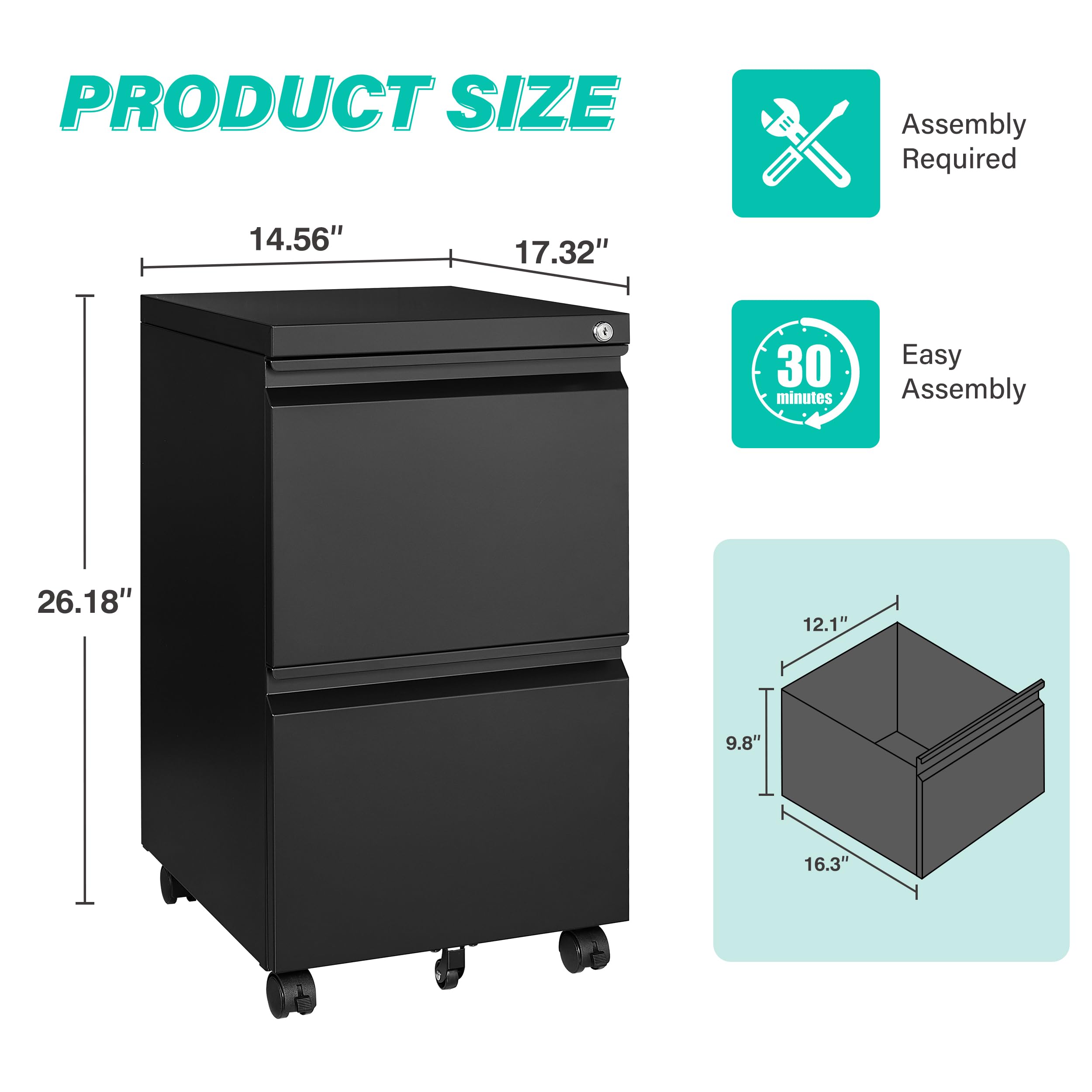 SISESOL 2 Drawer File Cabinet on Wheels,Metal Filing Cabinet with Lock,Black Rolling File Cabinets with Casters,Under Desk Office Cabinets for Home Office,Fit A4/Letter/Legal,Easy Assembly